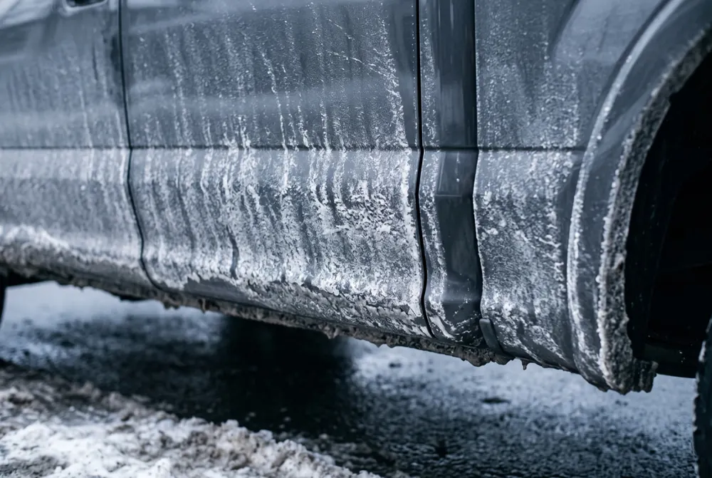Salt and slush buildup on a winter road surface (illustration)